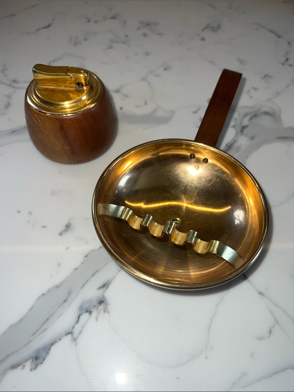 Vintage Brass and Brown Wood Handled Ashtray Set